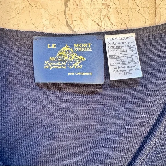 Le Mont St Michel Wool knit pleat french v neck belt tie navy dress Sz 8 - Picture 4 of 6